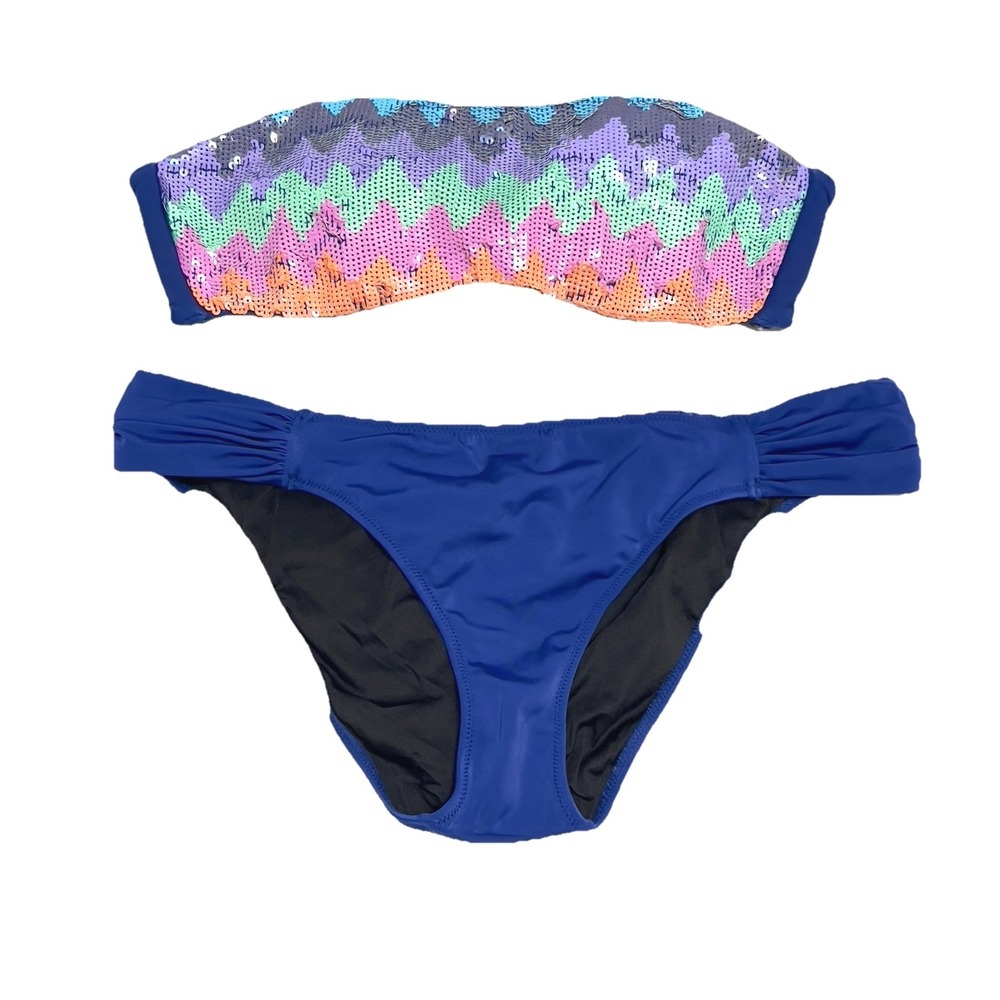 Victoria's Secret Bikini Women S/M Blue Sequin Chevron Bandeau Excellent Set